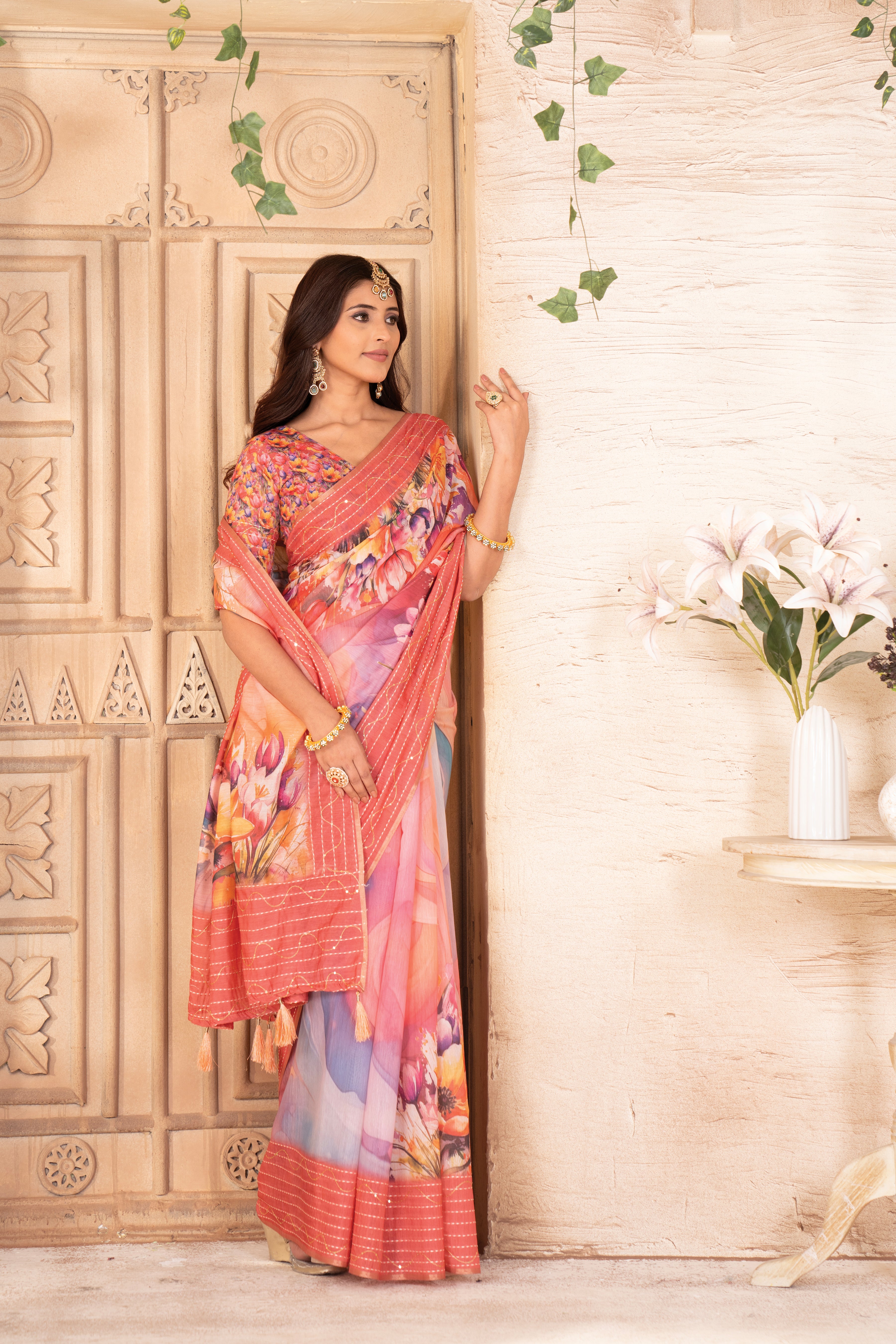 Gajari Flora Silk Chanderi Saree